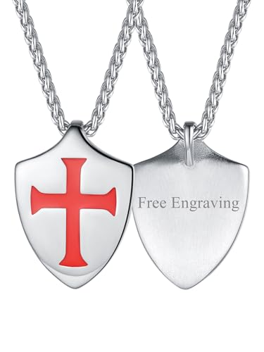 FaithHeart Knights Templar Necklace for Men, Christian Necklace for Men Stainless Steel Pendant Neckalces Christian Gifts with Gift Box - color: 06. Shield-Silver(Custom)