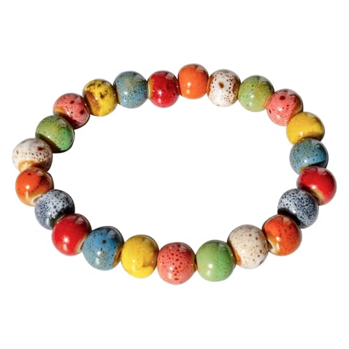 Handmade Multi-Color Faceted Ceramic Beads Bracelet for Women, Boho Stretch Bracelet with Oval Colorful Glazed Beads, Adjustable Bohemian Jewelry Gift for Mom Wife - color: colorful (8mm beads)