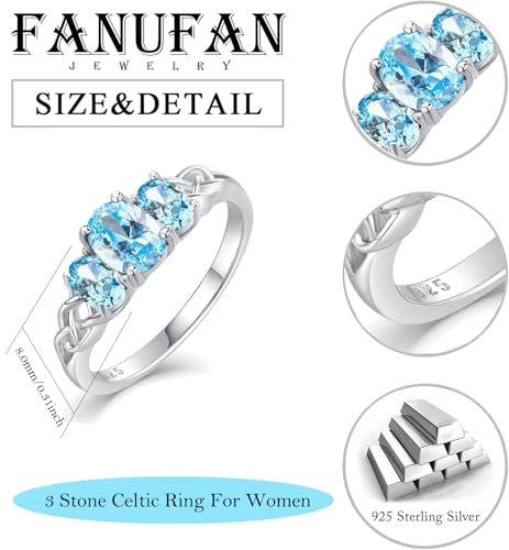 Celtic Birthstone Rings for Women 925 Sterling Silver Celtic Knot Ring 3-Stone Promise Rings for Her Wife Birthday Anniversary Wedding Jewelry - color: 12-Dec-Blue Topaz