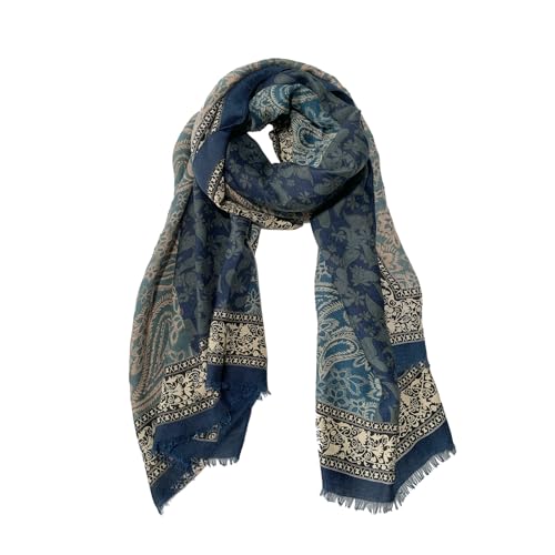 Paisley Pashmina Feel Shawls Wraps for Women Rave Scarf Soft Silky Exotic Boho All Seasons - color: Dark Blue
