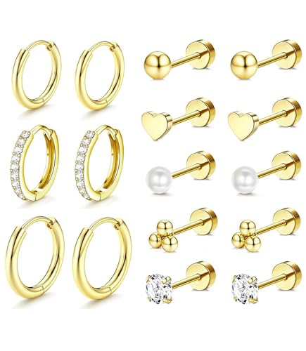 Incaton Hypoallergenic Flat Back Earrings for Women Silver 14K Gold Plated Surgical Stainless Steel Stud Earrings Cubic Zirconia Cartilage Studs Earrings For Multiple Piercing Sensitive Ears - color: I-Gold
