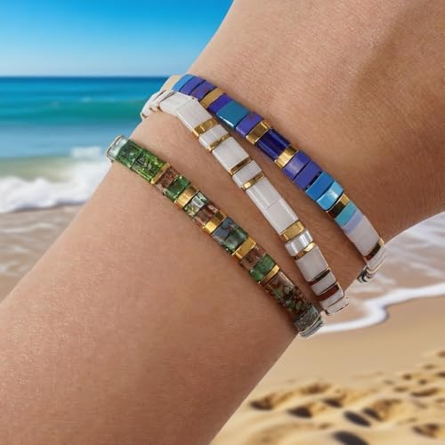Tila Flat Square Stack Beaded Bracelets Set for Women Men, Boho 3Pcs Romantic Handmade Healing Gold Colorful Stretch Accessories Jewelry, Daily Vacation Party Holiday Friendship Gift - color: Blue white Green