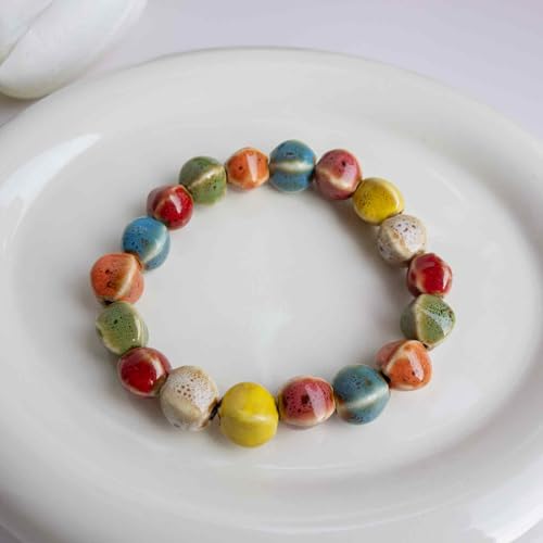 Handmade Multi-Color Faceted Ceramic Beads Bracelet for Women, Boho Stretch Bracelet with Oval Colorful Glazed Beads, Adjustable Bohemian Jewelry Gift for Mom Wife - color: colorful