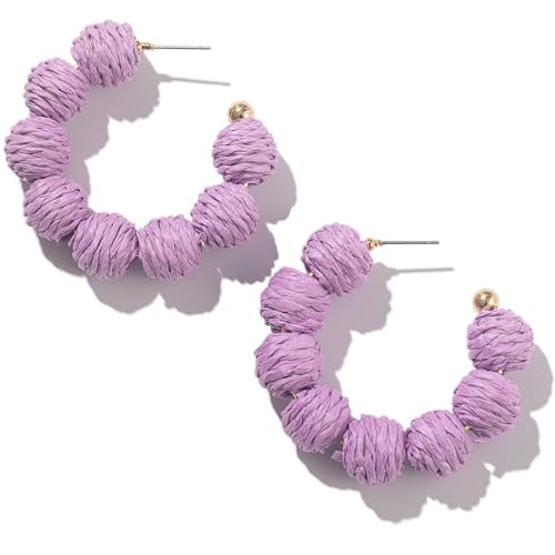 Raffia Hoop Earrings Statement Boho Beaded Earrings Cute Rattan Handmade Colorful Jewelry for Women Unique Summer Outfits - color: Purple