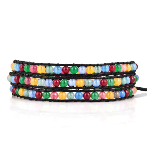 Layered Leather Handmade Bracelet Boho Bohemian Style Multilayer Crystal Glass Natural Stone Beaded Wrap Bracelets Collection for Women - style: BR583