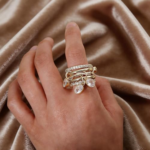 COLOYAN 14k Gold Plated Stackable Interlocking Rings for Women Non Tarnish | Durable Beautiful Cubic Zirconia Ring, Oval Rhinestone Drop Ring, Multi Stacking Ring Jewelry Gift Vacation, Party, Date - color: White, size: 7