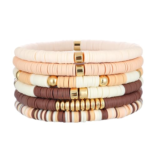 GOOJIDS Surfer Heishi Clay Bead Bracelets for Women Bohemian Stackable Gold Plated Beaded Stretch Bracelets Elastic Layering Friendship Bracelets Set Boho Jewelry - color: B-New Brown Color D