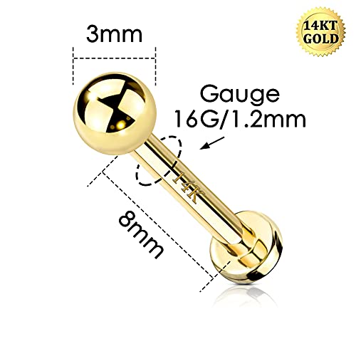 COCHARM 14k Solid Gold 16g Labret Studs Real Yellow Gold Medusa Monroe Madonna Stud Lip Piercing Helix Cartilage Conch Earring Stud - color: Yellow Ball-8mm
