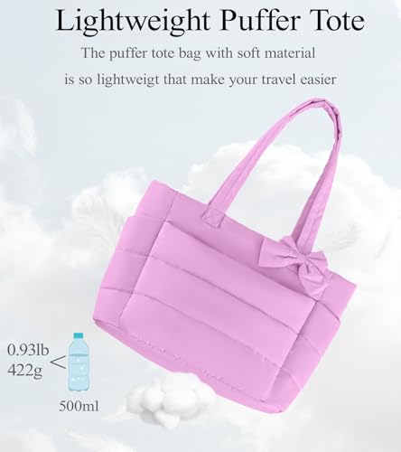 CTWWFS Puffer Tote Bag for Women, Quilted Bow Tote Bag with Cup Holder & 15.6 In Laptop Compartment for Work, Travel, Gym - color: Purple