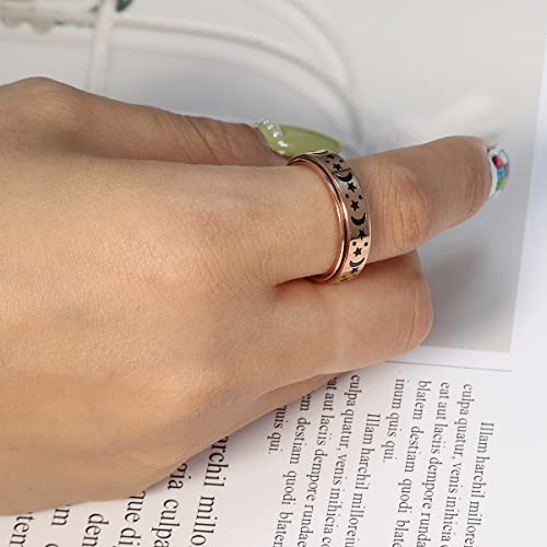 Anxiety Ring for Women Spinner Rings:Rotating Rings Stainless Steel 6mm Moon Star Anxiety for Men Band Jewelry Gift for Women Size 6 7 8 9 10 - color: A-Rose Gold