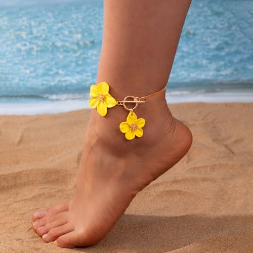 Flower Anklets for Women Trendy Flower Ankle Bracelet Boho Floral Anklet Summer Beach Anklets Jewelry for Women - color: Yellow