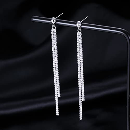 SLUYNZ 925 Sterling Silver Simulated Diamond Drop Earrings Linear Dangle Earrings for Women Teens Eelgant Wedding Bridal Prom Earrings Dainty CZ Long Dangling Earrings Tassel 4.5 cm/7.5 cm - color: B-Silver-6.3cm