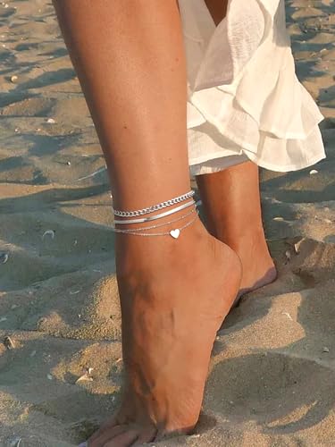 FindChic Black/Silver/Gold Plated Anklets Set of 2PCS/3PCS Herringbone Chain Cuban Link Heart Charm Sparkling Tennis Ankle Bracelets, Waterproof Summer Foot Jewelry for Beach - color: 01. Silver-3PCS Cuban & Herringbone & Beaded Heart