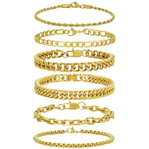 XIANNVXI 6pcs Bracelets for Men Gifts for Him Stainless Steel Bracelet Silver/Gold/Black Cuban Link Rope Paperclip Chain Bracelets Set 6.5/7/7.5/8.3/9 Inches Metal Bracelet Mens Fashion Accessories Jewelry Gifts Set - color: Gold, size: 9 in-Men Large
