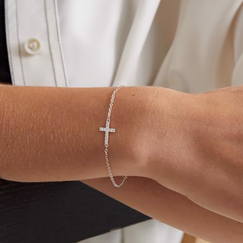 Tewiky Waterproof Gold Bracelets for Women Non Tarnish - Dainty Stack 14K Gold Plated/Sterling Silver Chain Bracelets Set Adjustable Trendy Jewelry for Women - style: silver CZ cross bracelet