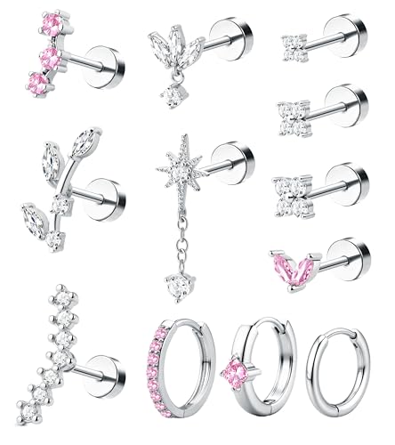 ORAZIO 16 Gauge Cartilage Earrings for Women Flat Back Hypoallergenic Surgical Steel Small Flatback Stud Hoop Cartilage Earring Stack Set Daith Conch Tragus Helix Piercing Jewelry Single PC - color: Silver Plated+Pink CZ