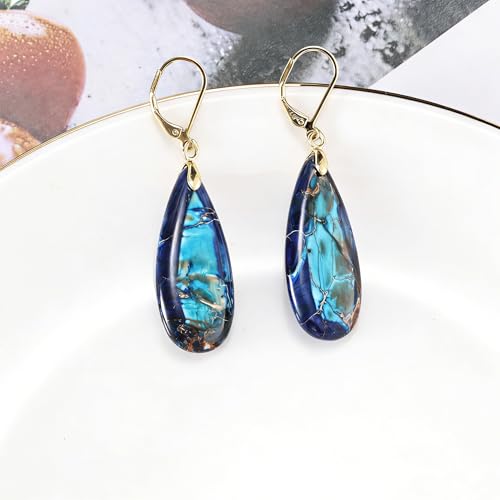 XGALBLA Boho Long Teardrop Stone Dangle Drop Earrings for Women Natural Healing Stone Leverback Earrings Statement Gold Tone - color: lighe and Deep Blue- Golden Leverback