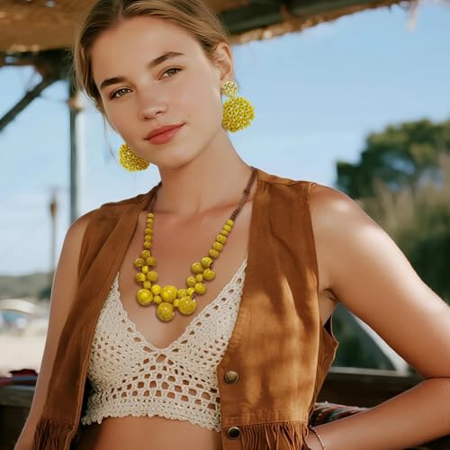 2 Pcs Hippie Boho Colorful Ceramic Beaded Necklace and Earrings Set for Women Adjustable Chunky Round Beads Strand Statement Necklace Colorful Summer Beaded Earrings Bohemian Jewelry Gift - color: Earth Yellow