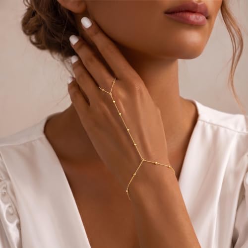 Poxtex Waterproof 14K Gold Plated Hand Chain Bracelet for Women, Non Tarnish Hypoallergenic Beaded Finger Ring Bracelet with Cubic Zirconia, Dainty Minimalist Boho Indian Style Stackable Wrist Body Jewelry for Summer Festival Vacation - color: Gold Beaded