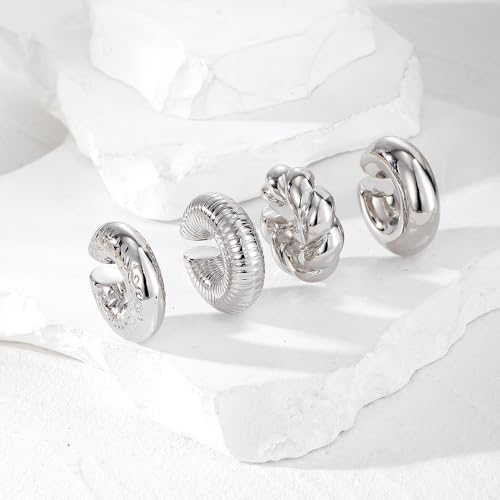KISS WIFE 4 Pcs Chunky Ear Cuffs Non Piercing for Women, 14K Gold Plated Clip On Cartilage Hoop Earrings Jewelry Gifts - color: Silver