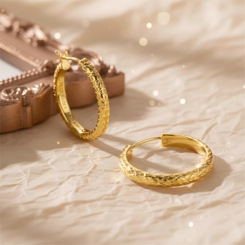 Gold Hoop Earrings for Women 14K Gold Earrings for Women Thick Large Earrings Gold Huggie Earring Womens Lightweight Hypoallergenic - color: Engraving