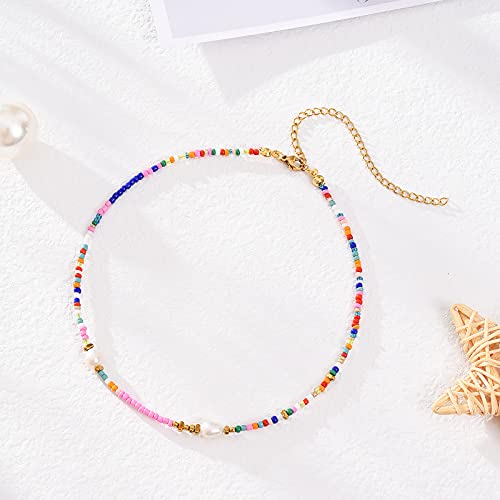 Wellike Freshwater Pearl Beaded Necklace for Women Handmade Boho Colorful Glass Beads Choker Necklace Stainless Steel 18K Gold Plated Bohemian Women Summer Jewelry Gifts - color: KKWX920AMZ