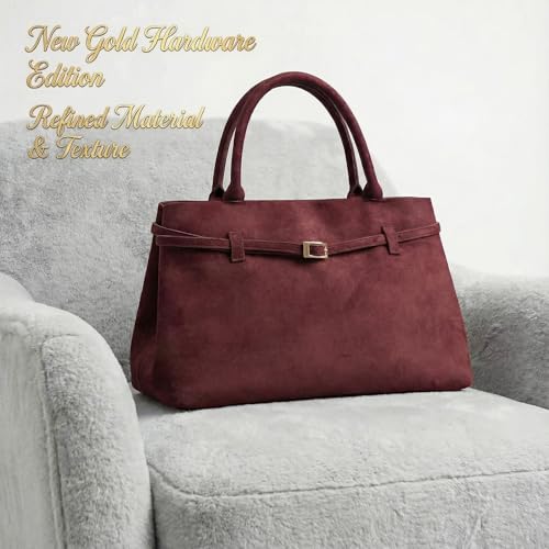 Base’ic Women’s Suede Tote Bag with Gold Hardware – Trendy Slouchy Shoulder Hobo Satchel Handbag Work Purse Travel Gift - color: Burgundy (Gold Hardware)