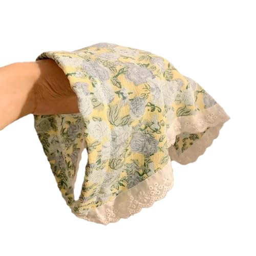 Women's Lace Bandana Headband, Vintage Gingham Triangle Scarf with Bow, French Retro Style for Boho Chic & Casual Outfits (19-Blue rose, One Size) - color: 19-Blue rose