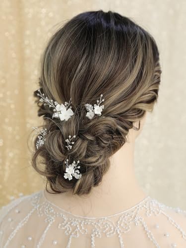 Handmade Pearl Bridal Wedding Hair Pins 6Pcs White Flower Gold Leaf Pearls Clips Bridal Hair Accessories for Women Brides Bridesmaid - color: Silver / Pearl White Flower