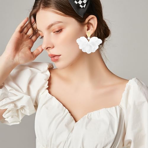 Handmade Fabric Flower Petal Fringe Dangle Drop Earrings Bohemian Floral Tassel Stud Earrings For Women - color: White