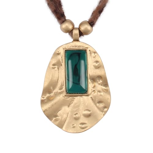 Boho Necklace for Women Adjustable Silicone Rope with Gold Beaded Pendant Chunky Handmade Vintage Jewelry - style: Vintage Green Stone Necklace
