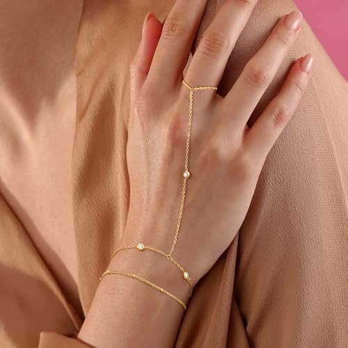 CHESKY 14k Gold Plated Hand Chain Bracelet for Women Trendy, Dainty Ring Bracelets Hand Chain Finger Nail Bracelet Simple Gold Hand Jewelry for Women Gifts - style: Zironia