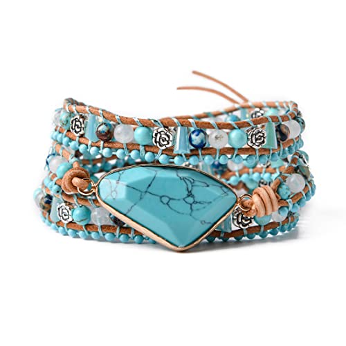 YGLINE Boho Handmade Wrap Leather Tube Crystal Stone Bracelet for Women - color: Turquoise-3 wrap