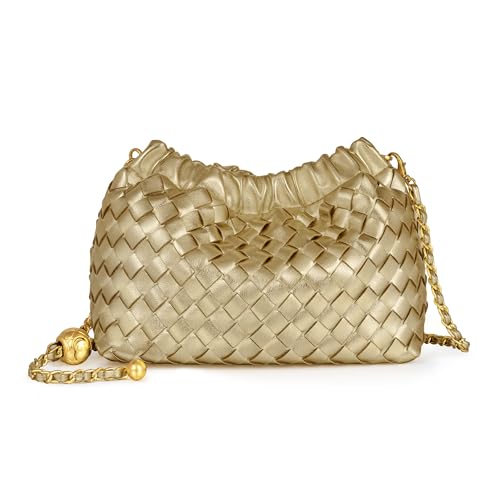 Joryin Woven Women's Crossbody Bag & Evening Purse, Trendy Dumpling Clutch & Hobo Cloud Shoulder Bag Trendy Dumpling Clutch - color: Woven Leather-champagne Gold