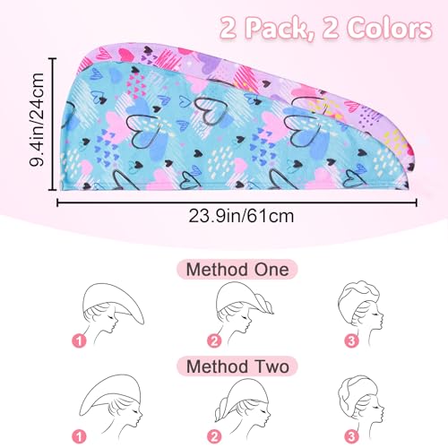 Basumee Microfiber Hair Towel Wrap for Kids 2 Pack Rapid Drying Hair Towel with Button Hair Turbans for Wet Hair Wraps Head Towel Wrap for Women and Girls, Blue and Purple Love - color: Blue and Purple Love