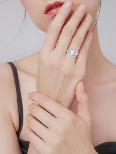 Natural Moss Agate Ring for Women 925 Sterling Silver Pear/Oval/Kite/Heart/Hexagon/Emerald/Coffin Cut Green Leaf Moss Agate Engagement Ring Promise Bridal Set Anniversary Birthday Jewelry Gifts - color: Coffin Cut Opal