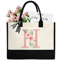 Initial Canvas Tote Bag for Women, Beach Bag with Inner Zipper Pocket Personalized Gifts for Wedding, Birthday | Initial - color: H