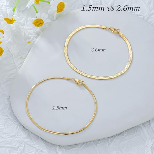 14K Yellow Gold 6-13 Inch 1.2mm-3.2mm Chain Bracelet Anklet for Women, Cuban Link Curb/Rope/Paper Clip/Round Snake/Herringbone/Bead/Water Wave, Thin Gold Chain Bracelet Durable Strong Real 14k Gold Chain Bracelet Anklet - color: 2.6mm Herringbone, size: 7