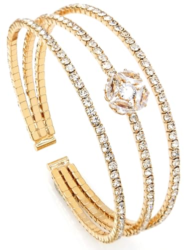 Women's Multi-Layer Rhinestone Cuff Bracelet Sparkling Crystal Tennis Bangle for Bridal Wedding Party - color: 1266 Gold