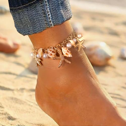 Waeceip Beach Ankle Bracelets For Women Summer Boho Anklets For Women Seashell Beaded Anklets Summer Jewelry Beach Vacation Accessories - color: starfish with 1
