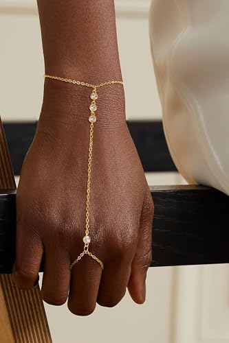 Rotnso Hand Chain Bracelet for Women Dainty 14K Gold/Silver Plated Ring Chain Diamond Cubic Zirconia CZ Beaded Station Bracelet Trendy Simple Fashion Body Jewelry Waterproof Gifts for Her - style: 4 CZ-GD