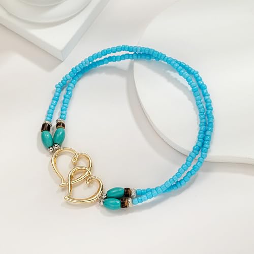 Ankle Bracelets for Women Waterproof Elastic Heart Anklet Stretchy Ankle Bracelets Colorful Beaded Anklets Boho Ankle Bracelets Silver Beach Anklet Jewelry Accessories for Summer - color: Gold Blue Anklets