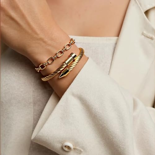 2PCS 18K Gold Plated Nail Bangle & Chain Bracelet Set for Women, Adjustable Stackable Bangle Jewelry, Dainty Gold Bracelet Gift for Women - color: Set L