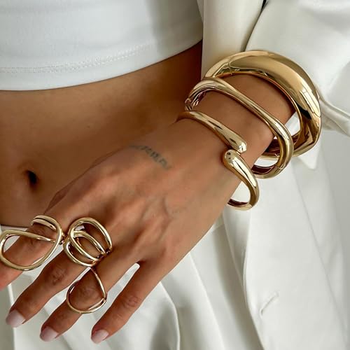 PEALICIOUS 2Pcs Chunky Bracelet for Women, Girls Gold Bangle Bracelet 7in Minimalist Silver Chunky Bangles Prom Gifts, Trendy Gold Arm Cuff Upper Arm Band, Stack Bead Prom Accessories Summer Jewelry - style: gold chunky bangle