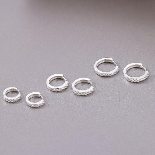 Poxtex Small Sterling Silver Huggie Hoop Earrings Set for Women, Hypoallergenic 14K Gold Plated Hoops Stacks for Multiple Piercings, Dainty Cute Mini Lightweight Cartilage Studs Trendy Jewelry Gift - color: Silver-cz hoops 8 10 12