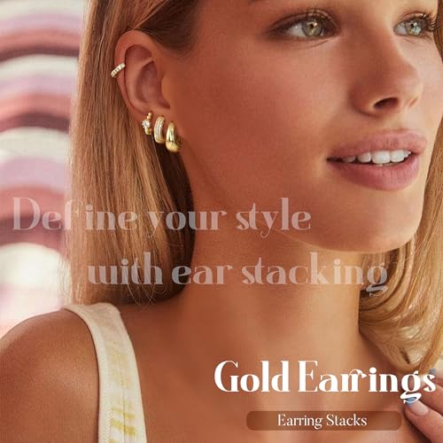 Florideco 4Pairs Small Hoop Earrings for Women Trendy 14K Gold Plated Stackable Chunky Earrings Hypoallergenic Huggie Earring Stacks Lightweight Earring Sets for Multiple Piercing - color: Gold-Chunky