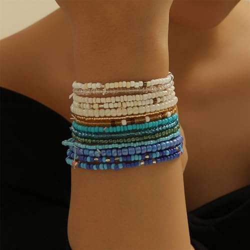Fuqimanman2020 18Pcs Boho Stackable Beaded Bracelets for Women Colorful Handmade Multilayered Rice Beads Anklets Set Summer Beach Bohemian Jewelry Gift - color: Style 1 Blue B