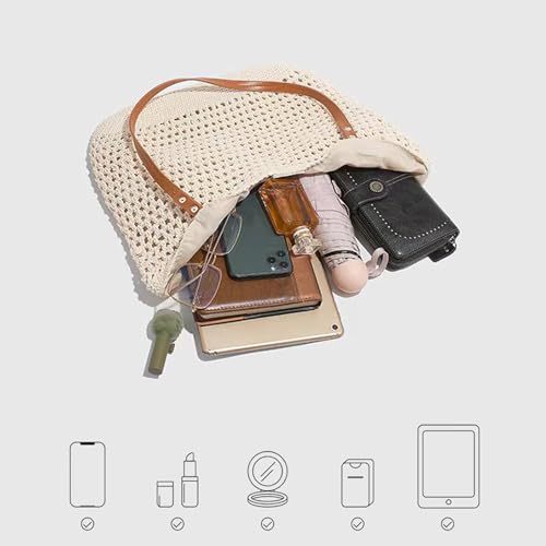 Cotton Fibre Crochet Beach Tote Bag for Vacation,Bohemian Cotton Hobo Shoulder Bag Casual Woven Purse for Women - color: Beige Shoulder Bag - 3