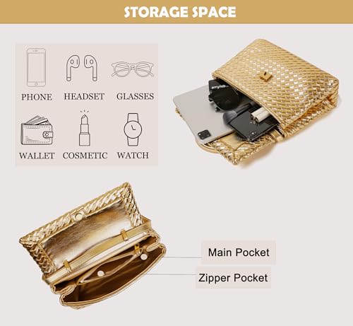 Woven Crossbody Bag for Women, Top Handle Satchel Purse Shoulder Handbag, Woven Handbag - color: Gold