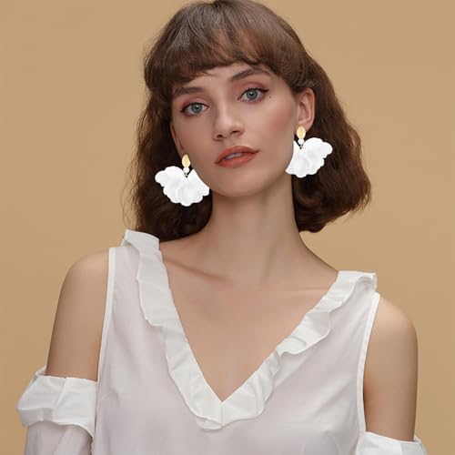 Handmade Fabric Flower Petal Fringe Dangle Drop Earrings Bohemian Floral Tassel Stud Earrings For Women - color: White